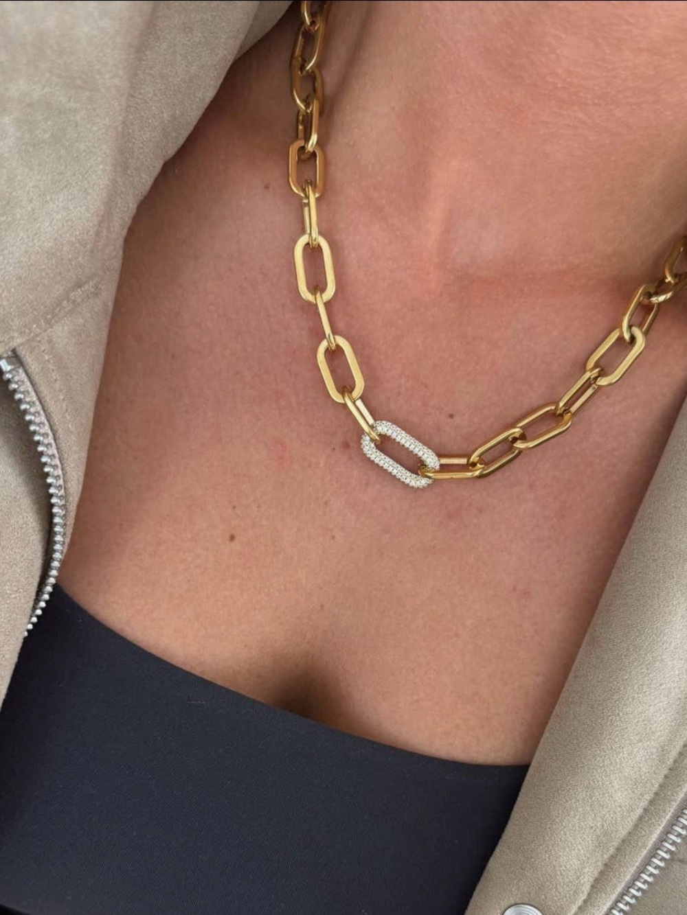 Gold Chain Necklace with Pave Accent Link Waterproof